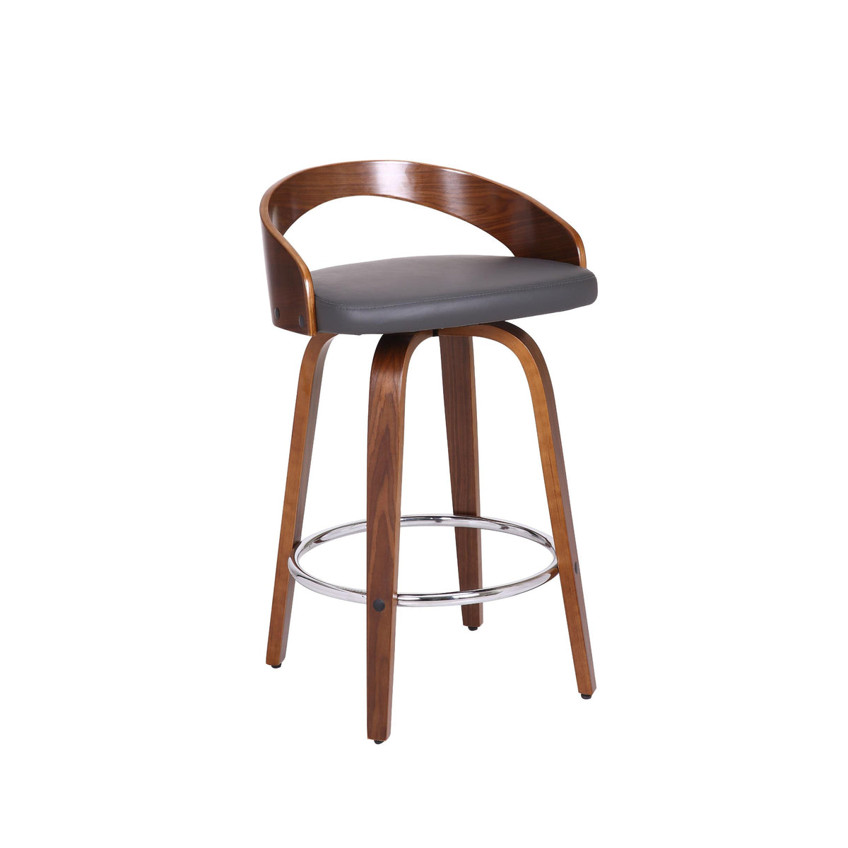 31" Gray And Brown Faux Leather And Iron Swivel Low Back Counter Height Bar Chair With Footrest