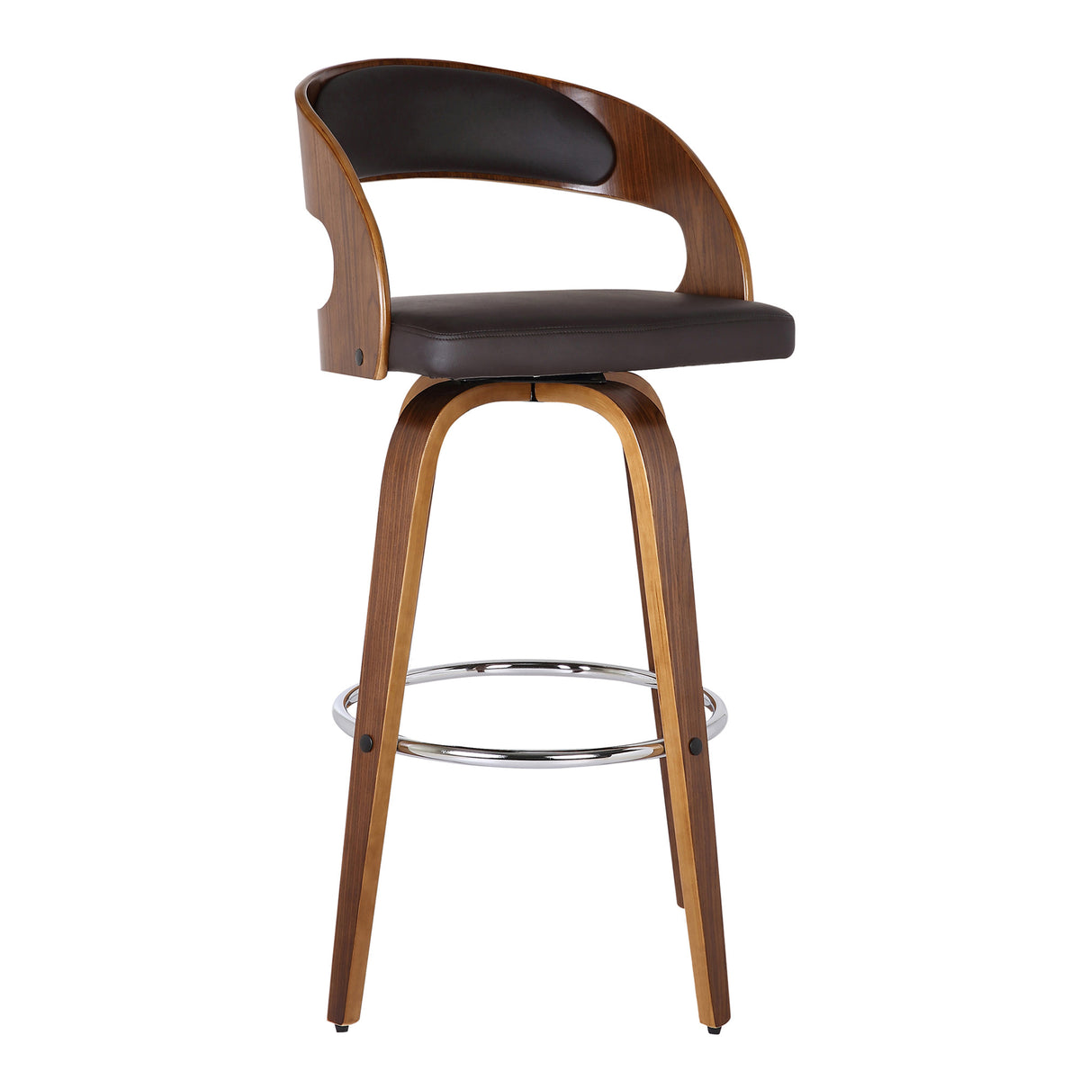 37" Brown Faux Leather And Solid Wood Swivel Counter Height Bar Chair
