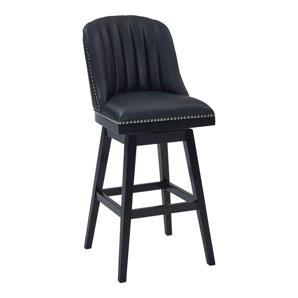 42" Black Faux Leather And Solid Wood Swivel Bar Height Chair