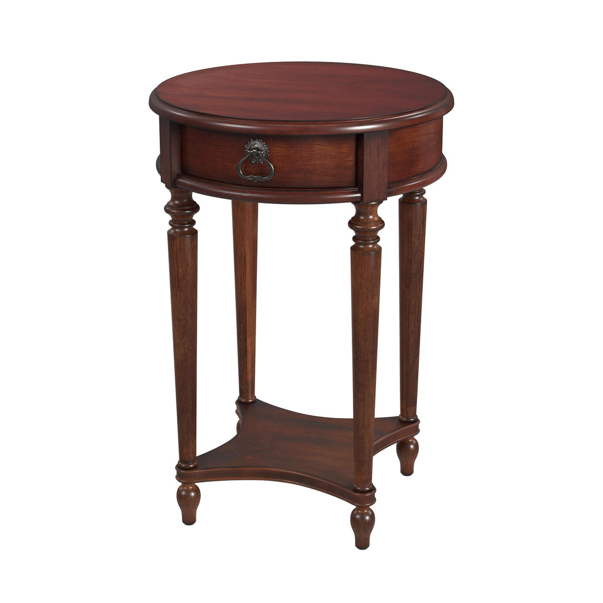 26" Cherry Solid And Manufactured Wood Round End Table With Drawer And Shelf