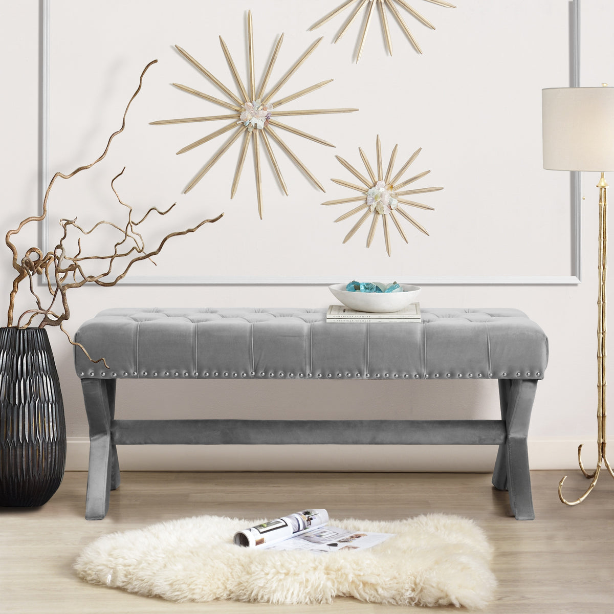 45" Gray Upholstered Velvet Bench