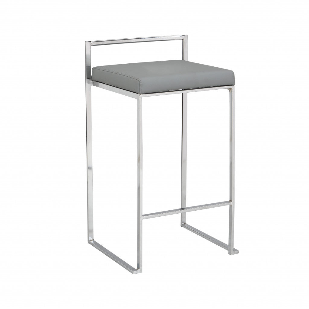 35" Gray Faux Leather And Steel Low Back Bar Height Chair With Footrest